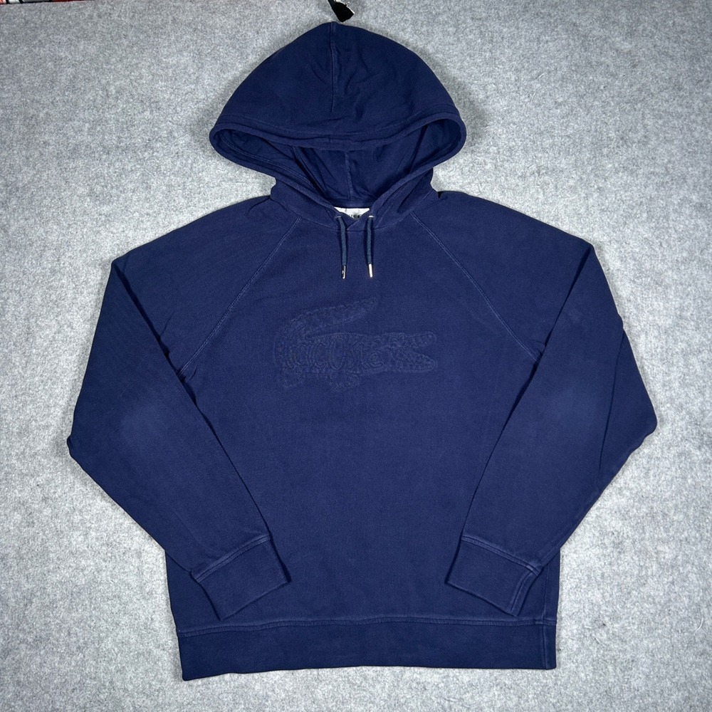 Lacoste Hoodie Men US M Navy Blue Relaxed Fit Pique Logo Pullover Sweatshirt